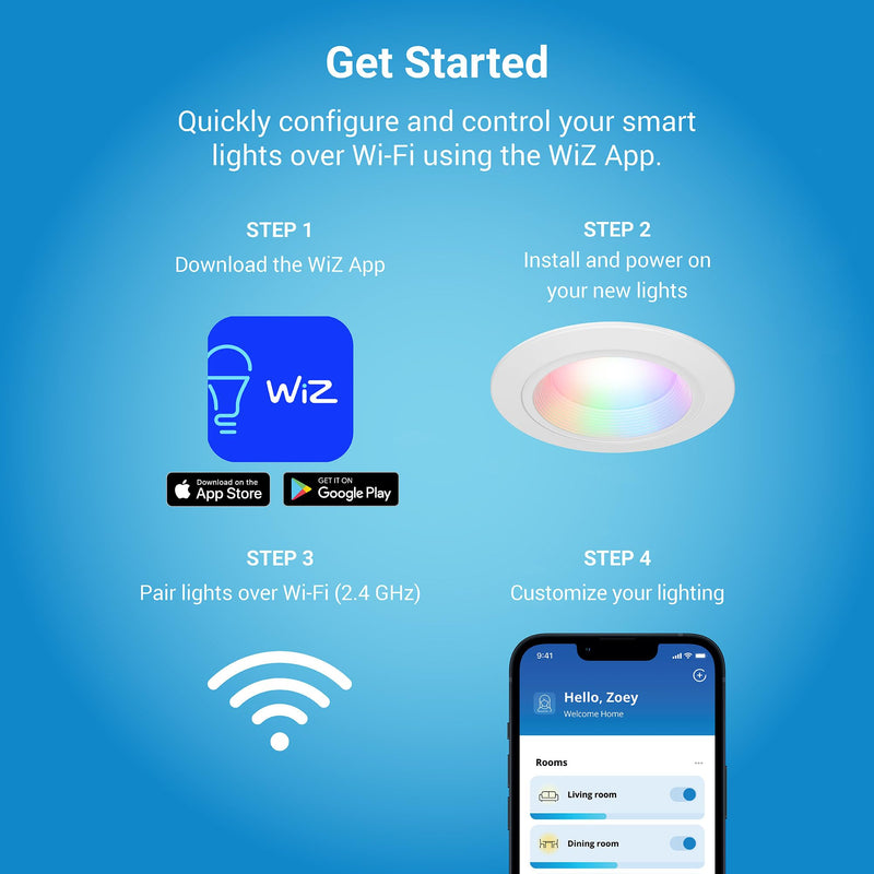 HALO 4 in Smart Wi-Fi Recessed LED Downlight Connected by WiZ Pro with SpaceSense Motion Detection, Dimmable, Full Color Changing, 600 Lumens, Wet Rated Ceiling Light - RL4069WZRGBWWHR 4 inch Use with Housing / Can