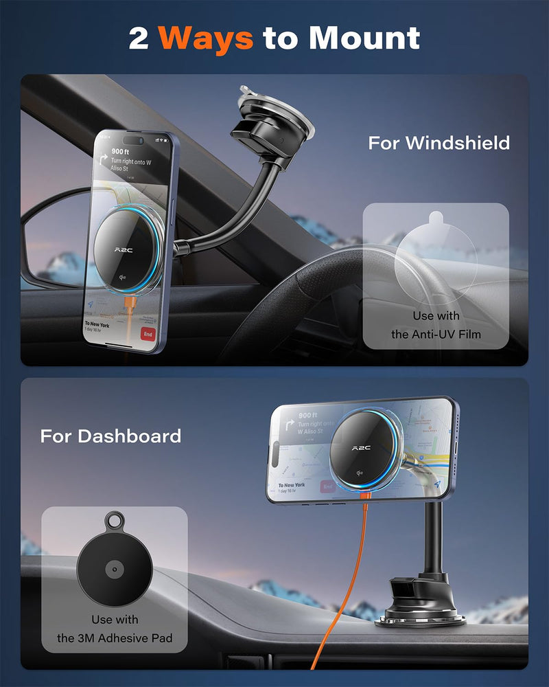 A2C for Qi2 15W MagSafe Car Mount Charger, Magnetic Phone Holder for Car Windshield/Dash - Semiconductor Cooler, LED Indicator, Fast Charging Wireless Car Charger for iPhone 17 16-12 [with PD Adapter]