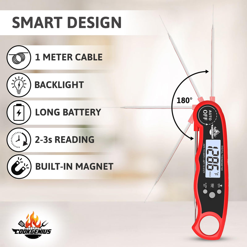 Meat Thermometer Digital with Dual Probe - Ultra-Fast Instant Read Food Thermometers with Backlight & Calibration for Cooking Deep Fry BBQ Oven Grill Roast Candy Thermometer & Kitchen Essentials - Red
