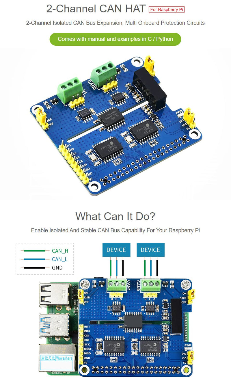 Waveshare 2-Channel Isolated CAN Expansion Hat for Raspberry Pi with MCP2515 + SN65HVD230 Dual Chips Solution and Multi Onboard Protection Circuits