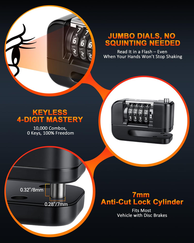 Onvian Motorcycle Locks Anti Theft, 4-Digit Code Motorcycle Disc Brake Lock High Security 7mm Pin & 5FT Reminder Cable, Waterproof Portable Motorcycle Helmet Lock