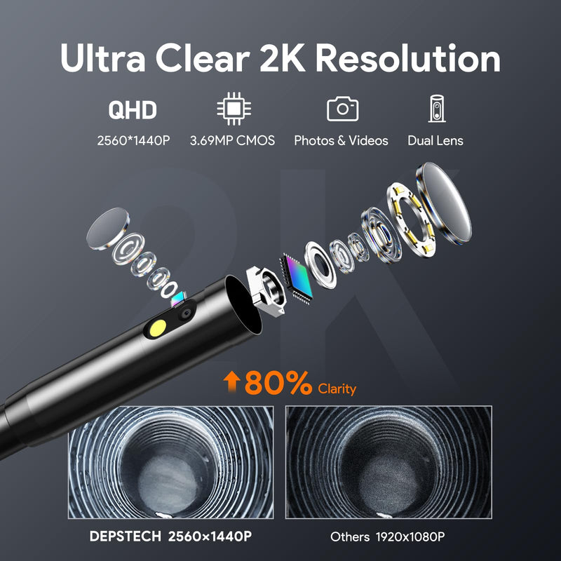 DEPSTECH 2K Endoscope Camera with Light: 2560P QHD Dual Lens Inspection Borescope with 16.5FT Snake Cable for iPhone & Android, Industrial Scope Automotive Tools for Sewer, HVAC, Plumbing, Mechanic Black