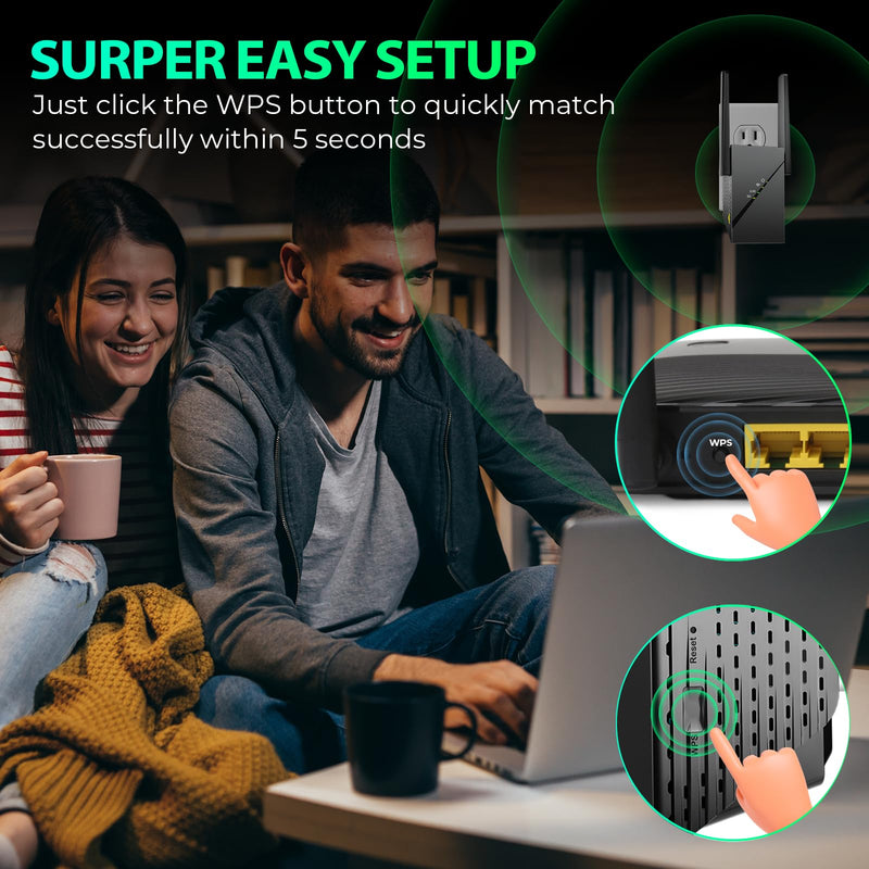 2025 WiFi 6 Extender Internet Booster for Home, Longest Range up to 18k sq. ft, 3Gbps Dual Band Faster Speed Access Point, Wireless Internet Repeater with Gigabit Ethernet Port, Mesh WiFi, 1-Tap Setup black