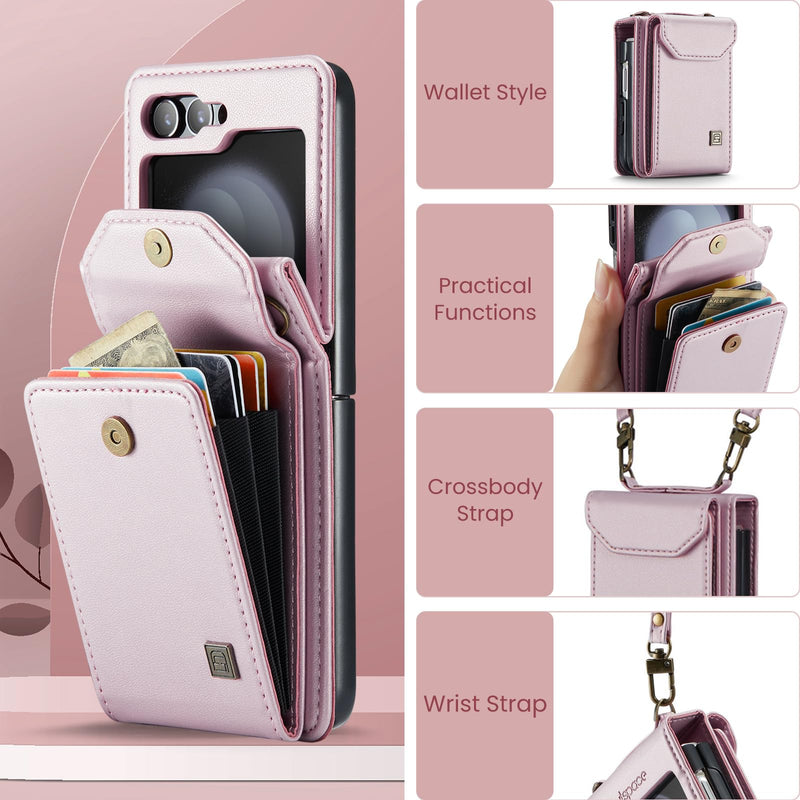 ASAPDOS Samsung Galaxy Z Flip 5 Crossbody Case,Retro PU Leather Strap Wristlet Flip Case with Magnetic Closure and Card Holder for Men Women Rose Gold
