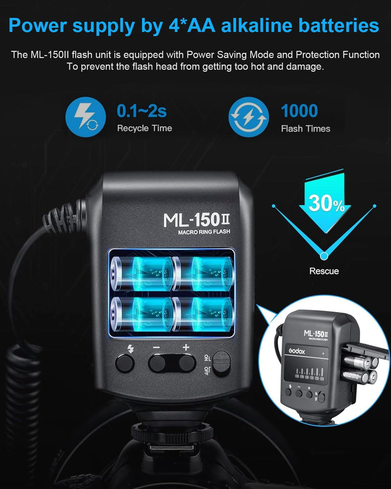 Godox ML150 II Macro Ring Flash with 8pcs Adapter Ring for Sony Canon Nikon Fuji Olympus Panasonic DSLR Cameras, Shooting Insects, Flowers, Portraits, Food and Dental Photography Black