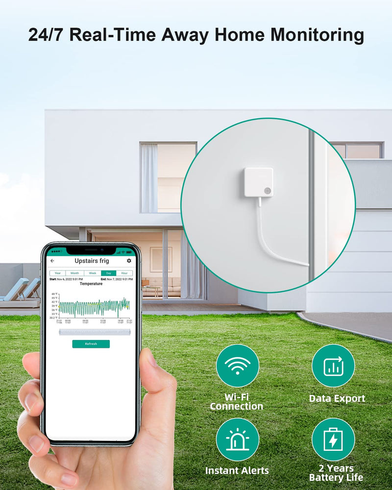 MOCREO WiFi Thermometer Freezer Alarm, Email Alert, App Notification, Data Record Export, No Subscription Fee, Remote Wireless Temperature Sensor for Refrigerator, Freezer, Hot Tub (2 Pack) 1 No LCD Hub + 2 Sensors
