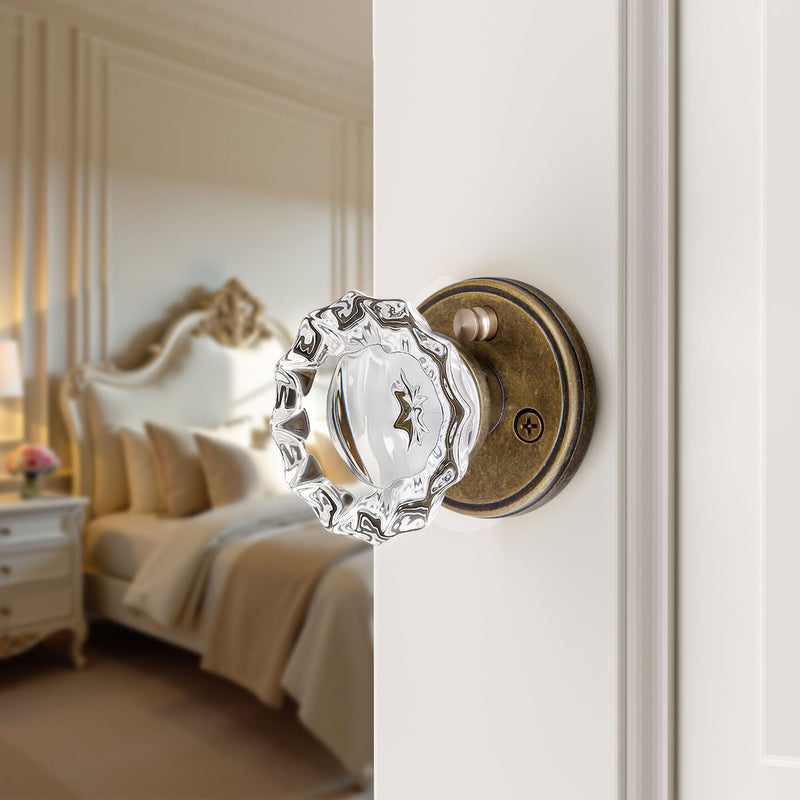 Antique Brass Door Knobs Crystal Door Knob Interior, Privacy Door Knob for Bedroom and Bathroom Glass Door Knob,Push Button Lock Privacy 1Pack Aged Bronze