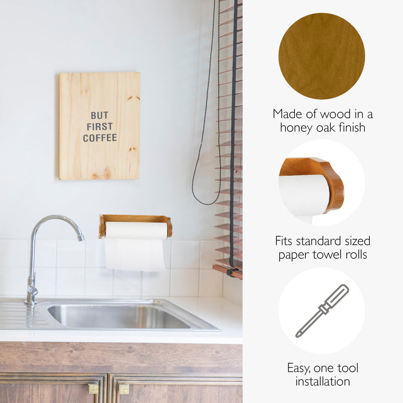 Design House Dalton Paper Towel Holder, Wall Mount, Easy Installation, Wood, Honey Oak, Durable, 13.4 in, 13.75 in W x 4.6 in L x 3.5 in H, Item 561233
