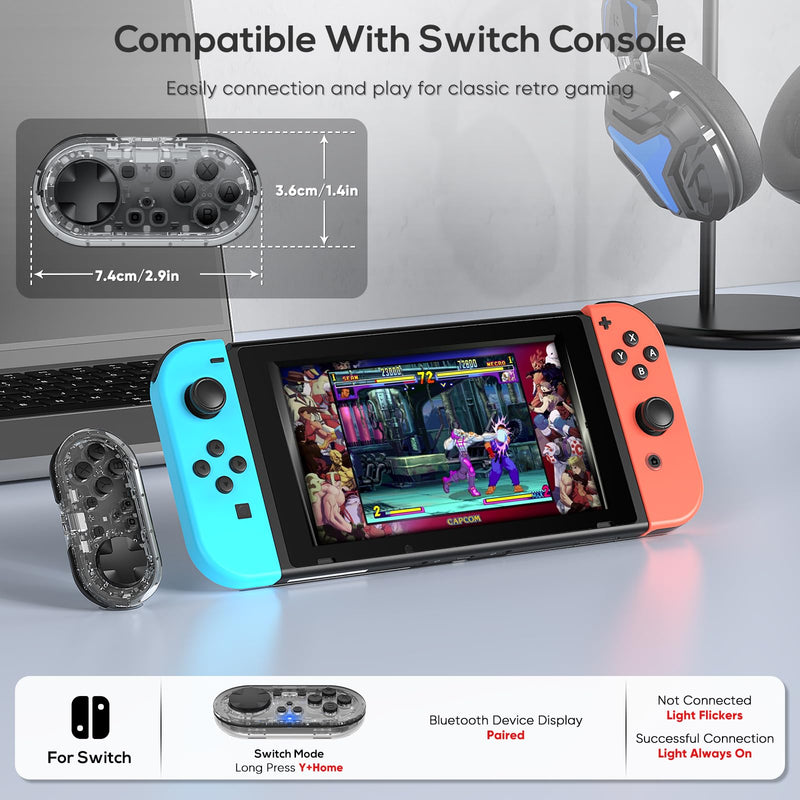 Wireless Bluetooth Controller for Anki Remote Mac, Gamepad Sized Mini Controller for Switch-Windows-Android-MacOS with Cable and Strap(Transparent-black）