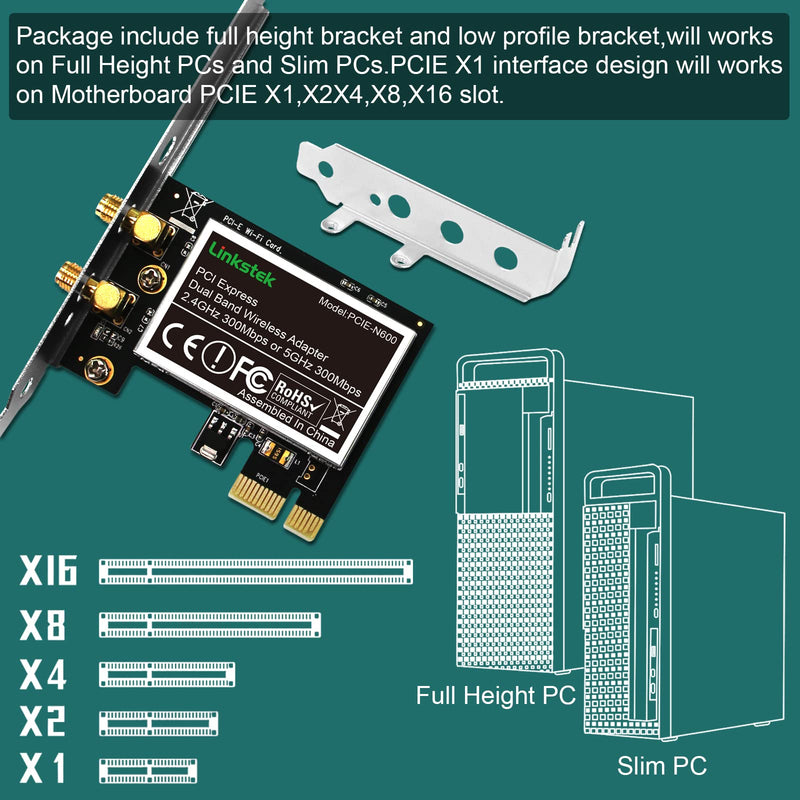 Wireless N 600Mbps (2.4GHz 300Mbps and 5GHz 300Mbps) PCIE WiFi Adapter, PCIE WiFi Card, QUALCOMM Atheros AR946X Wireless Network Adapter for Windows 10 8.1 8 7 XP Desktop PCs (PCIE-N600) PCIE-N600