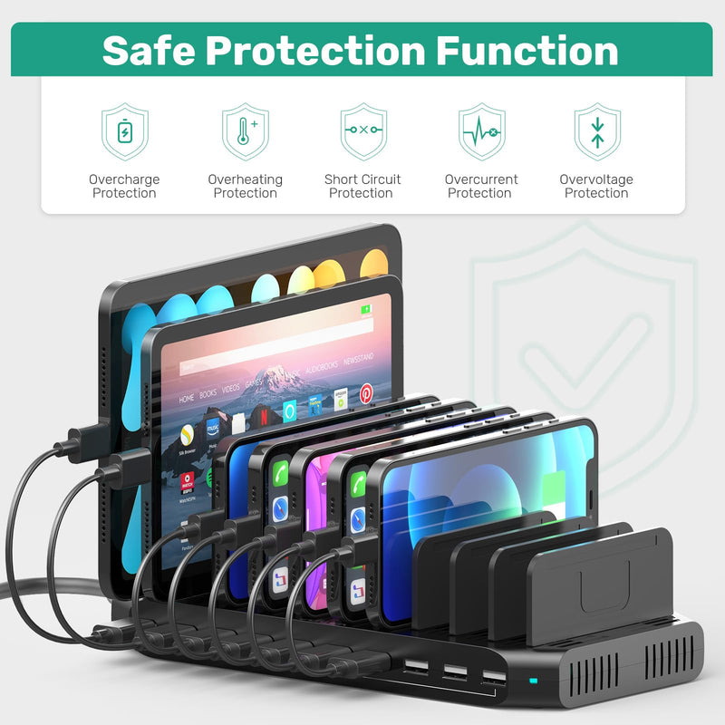 10-Port Multi Charging Station, 60W USB Tablet Charging Station for Multiple Devices, USB Charging Dock Multi Device Charger Organizer with Adjustable Dividers for Tablets, Smartphones Ebony