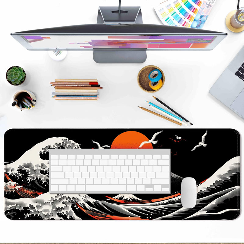 Japan Great Wave Kanagawa and Mount Fuji Gaming Mouse Pad, Extended Large Desk Mat, Computer Keyboard Laptop Mousepad for Work, Office and Home, XL, Black Ms35