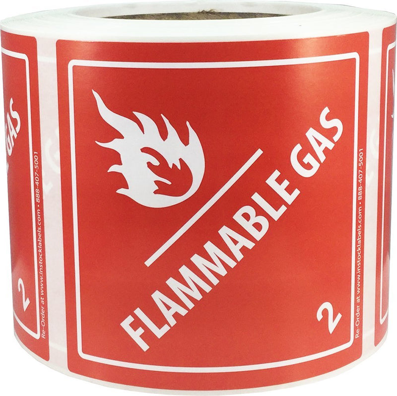 Hazard Class 2 D.O.T. Flammable Gas Labels, 4 x 4 Inch Square Red and White Hazmat Stickers, 500 Total Adhesive Labels on a Roll for Shipping and Compliance – Made in the USA