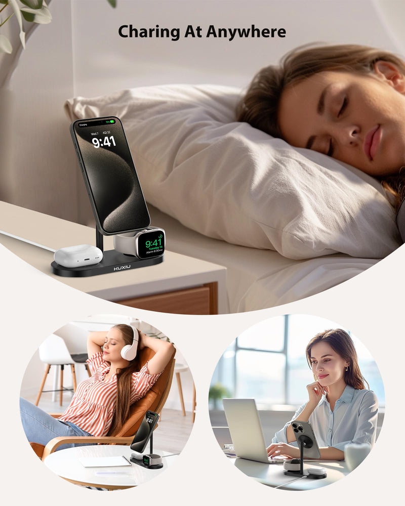 3 in 1 Charging Station for Apple, Aluminum Alloy & Carbon Fiber Magnetic Wireless Charger, Compatible with iPhone 15/14/13/12 Series, for Apple Watch, for AirPods 3/2/Pro & Multiple Qi Devices
