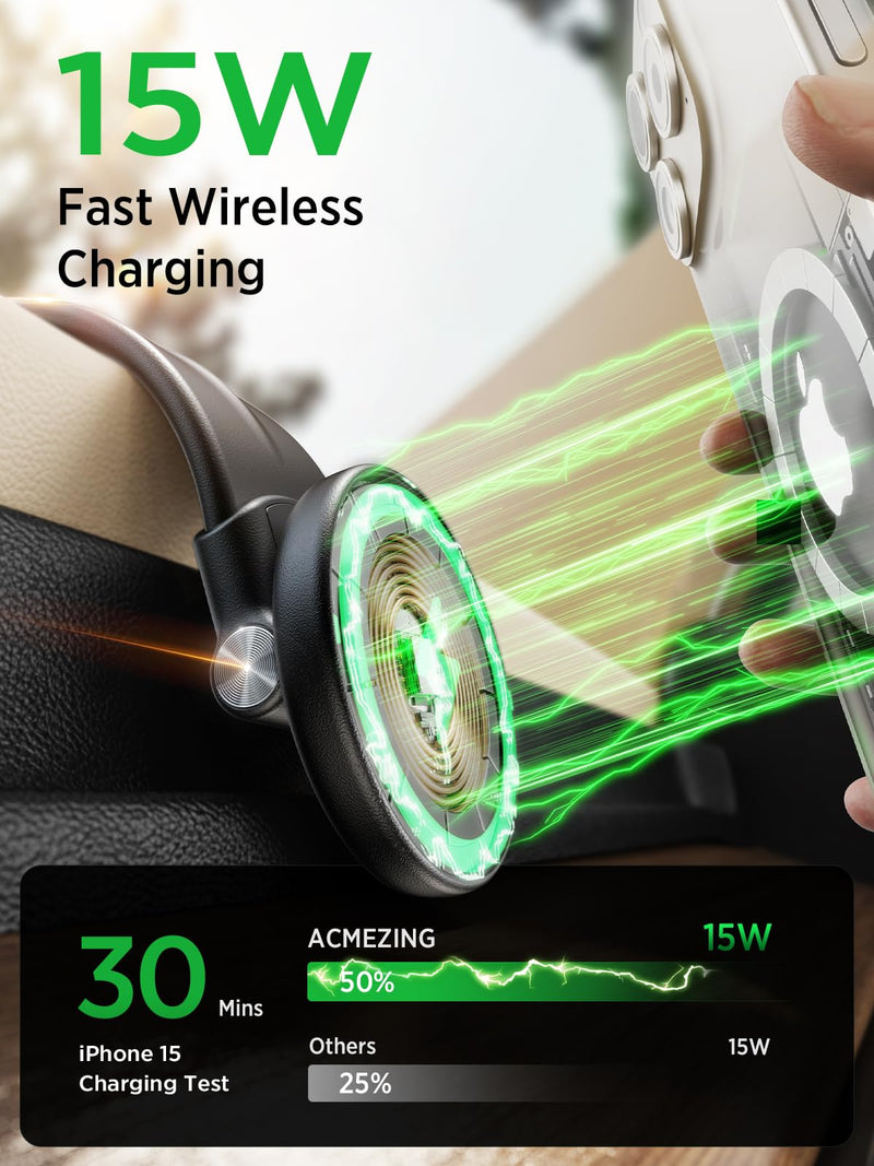 15W for MagSafe Car Mount Charger, 360% Adjustable Aluminum Alloy Arm, Relocatable Car Phone Holder, Magnetic Wireless Fast Charging, Cell Phone Holder for Car (All Models) & for iPhone etc 15W Fast Charging
