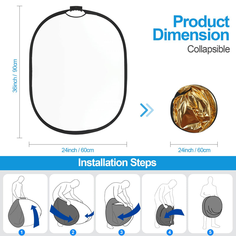WELLMAKING 24'' x 36'' (60 x 90cm) Photography Reflector 5-in-1 Collapsible Light Reflector with Bag & tilt Adapter, Portable Light Reflector Photography Panel for Studio Video & Outdoor Lighting 24'' x 36'' (60 x 90cm)