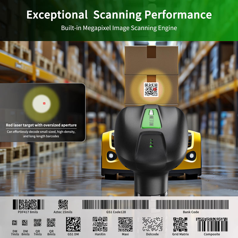 NETUM 2D QR Industrial Bluetooth Barcode Scanner with Charging Dock, Upgraded Wireless 2D/1D Bar Code Reader, 2600mAh Battery, Drop Dust WaterProof, Hands-Free for Windows, Mac, Android, iOS (NT-1950) NT-1950