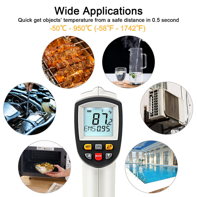 Laser infrared thermometer temperature gun for measuring high temperatures -50°C ~ 950℃, data storage, max/min measurement (not for humans) -50～950℃ gray