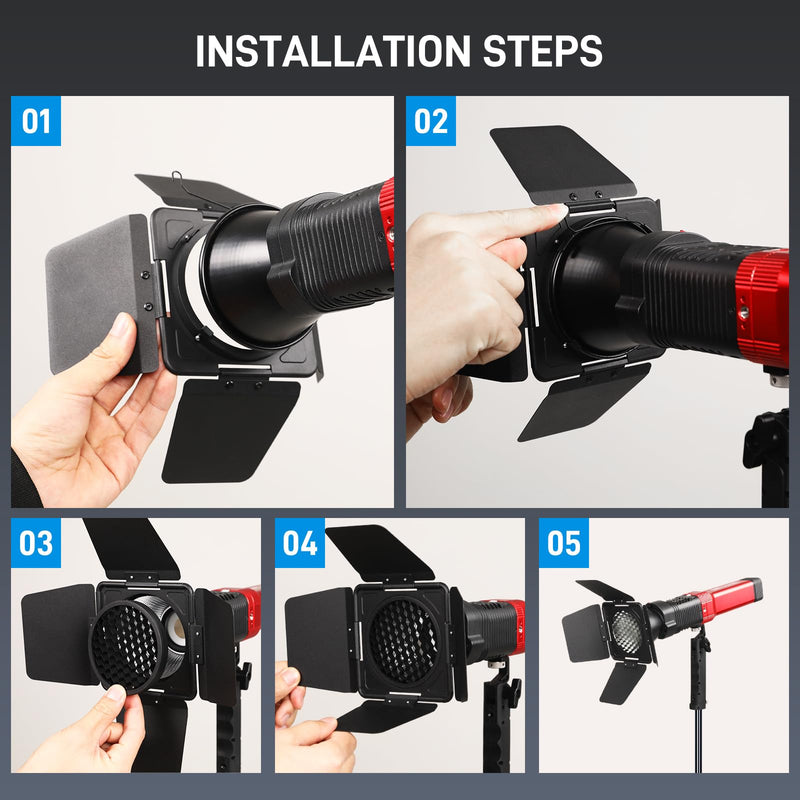 GVM Barn Door + Honeycomb Grid for PD60B PD60C PL60B PL60C Video Lights, Durable Metal Build, Adjustable Light Direction, Shape, Intensity, and Color for Photographers in Shape of Handheld Flashlight