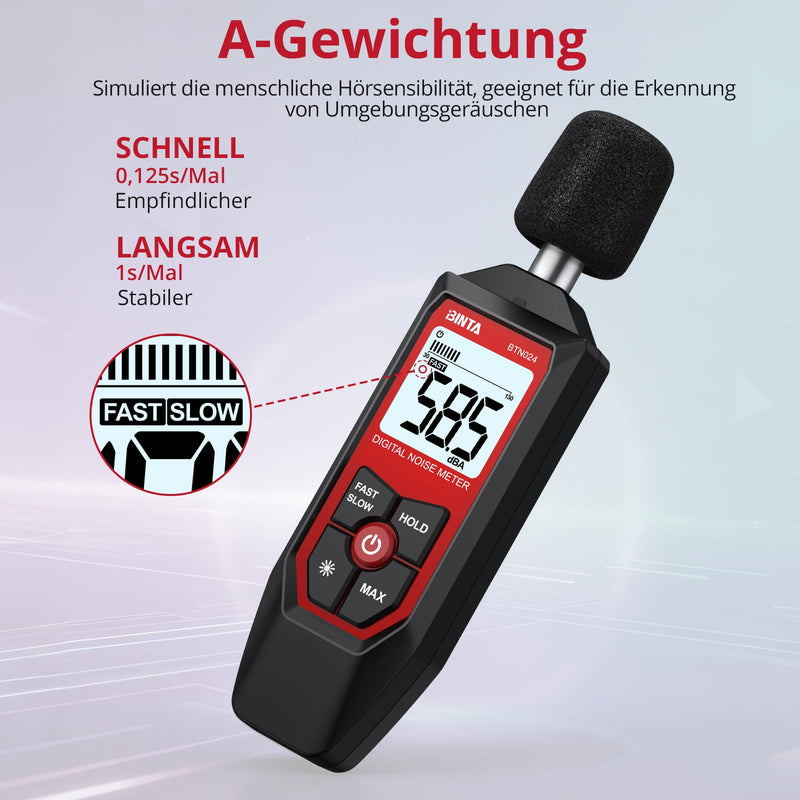 BINTA Decibel Meter, Portable Sound Level Meter 30dB to 130dB | With LCD screen, A weighted, fast/slow response for DIY shops A-Weighted