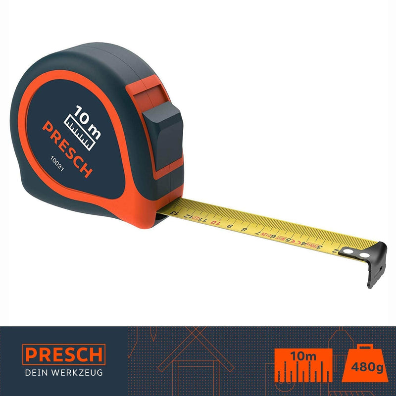 Presch tape measure 10m - robust professional tape measure riveted with belt clip and roll-up system - roll meter 10m with lock 10 m