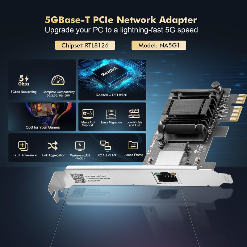 5G PCIe Network Adapter, RTL8126 5G/2.5G/1G/100Mbps Binardat Ethernet Card RJ45 LAN Controller with Low Profile, Support PXE for Windows 11/10, Linux 1x5 Gigabit