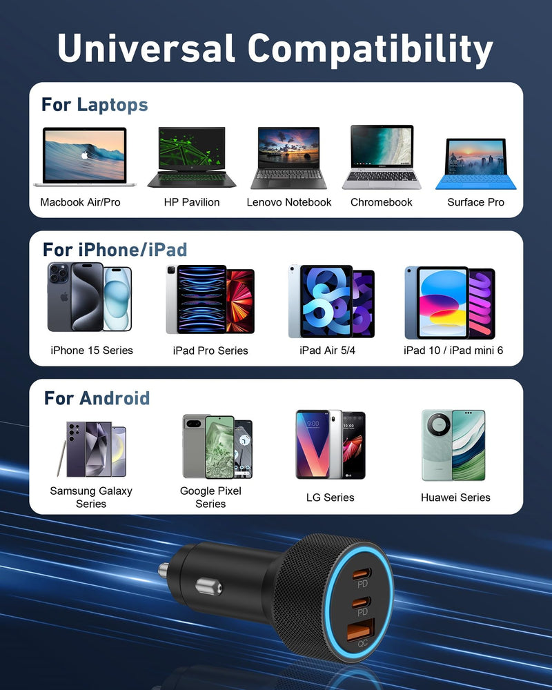 USB C Car Charger, 2Pack 3-Port 67W Dual USB-C & USB-A Phone Car Charger Adapter PD/QC Fast Charging Cigarette Lighter for iPhone 15 14 13 12 11 Pro Max, iPad, Samsung S24 S23 S22, Pixel 8 7, Android