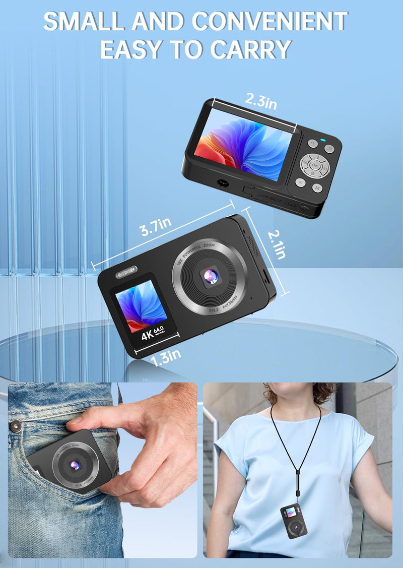 Digital Camera, 4K 64MP UHD Dual Screens Camera, 18X Zoom, Portable Small Point and Shoot Digital Cameras with 64GB TF Card, 2 Rechargeable Batteries for Kids, Teens, Adult, Selfies, Gifts- Black