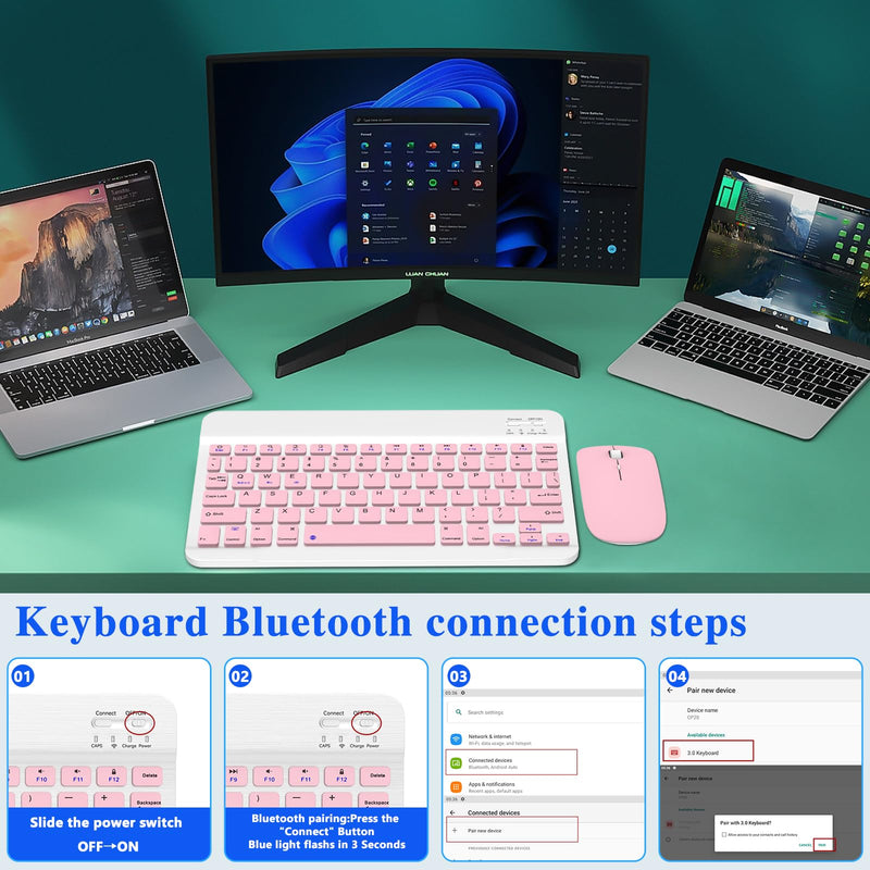 Bluetooth Keyboard & Mouse Combo, QWERTY Layout, 10 inch Ultra-Slim Wireless Rechargeable Keyboard, Lag-Free, Silent Keyboard Compatible with iPhone iPad Computer Tablet Keyboard (Pink) Pink