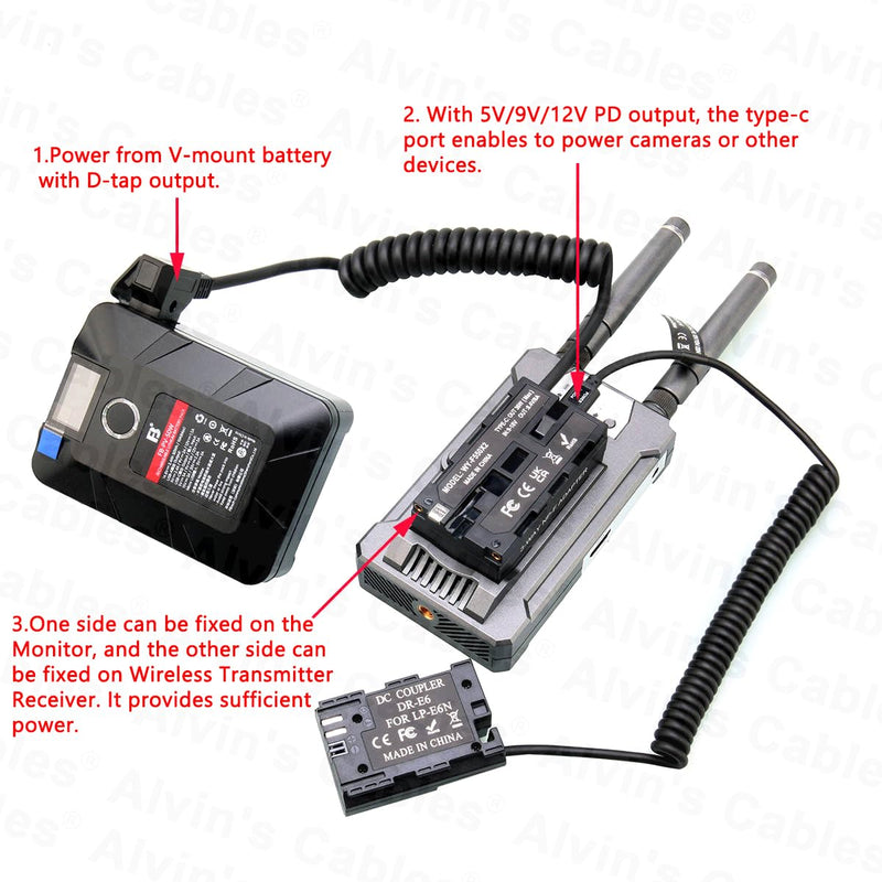 Alvin’s Cables D-tap to Dual-sided NP-F Dummy Battery Power Adapter Cable for Atomos| SmallHD| Feelworld Monitor, Replacement for Sony NP-F550| F570| F770| F970 Battery Double-sided charging coiled Cable