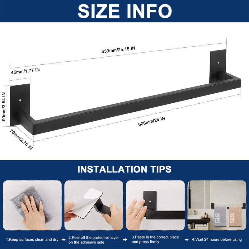 NearMoon Self Adhesive Bathroom Towel Bar, Stainless Steel Square Bath Wall Shelf Rack Hanging Towel Stick On Sticky Hanger Contemporary Style, Towel Rack Wall Mounted (24 Inch, Matte Black) 24 Inch