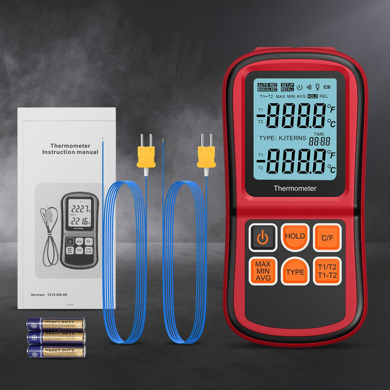 Dual digital thermometer, CAMWAY temperature meter with 2 channels K-type & LCD display backlight, thermocouple sensor probe temperature measuring device for thermocouple types K/J/T/E/R/S/N
