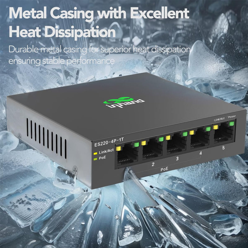 InHand ES220 Unmanaged Switch with One-Click VLAN | 5-Port Gigabit Ethernet Hub with 52W Power Output | Fanless Metal Case for Security Cameras, VoIP Phones & WiFi AP (5-Port Gigabit PoE Switch) 5-Port Gigabit PoE Switch