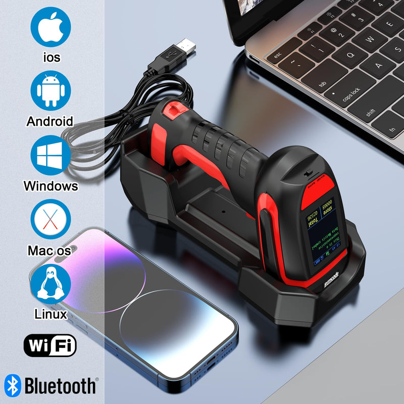 Symcode 2D Industrial Barcode Scanner with Charging Stand and Screen, 433Mhz 2-in-1 Bluetooth Wireless Hands-Free Barcode Reader Rugged Heavy Duty 2000 Feet Transmission Distance for Large Warehouse.