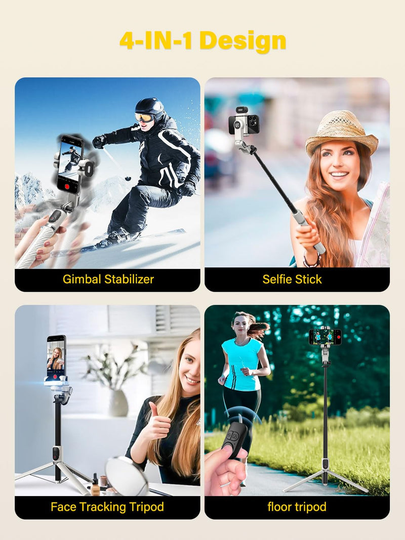 Smartphone Gimbal Stabilizer, Stabilizer Face Tracking Without APP - 4 in 1 Cellphone Gimbal Stabilizer for iPhone&Android Extended 108cm Rod with RGB Fill Light, AOCHUAN M2PRO White
