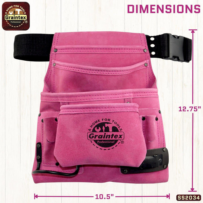 Graintex SS2034 10 Pocket Nail & Tool Pouch Pink Color Suede Leather with 2" Webbing Belt for Constructors, Electricians, Plumbers, Handymen