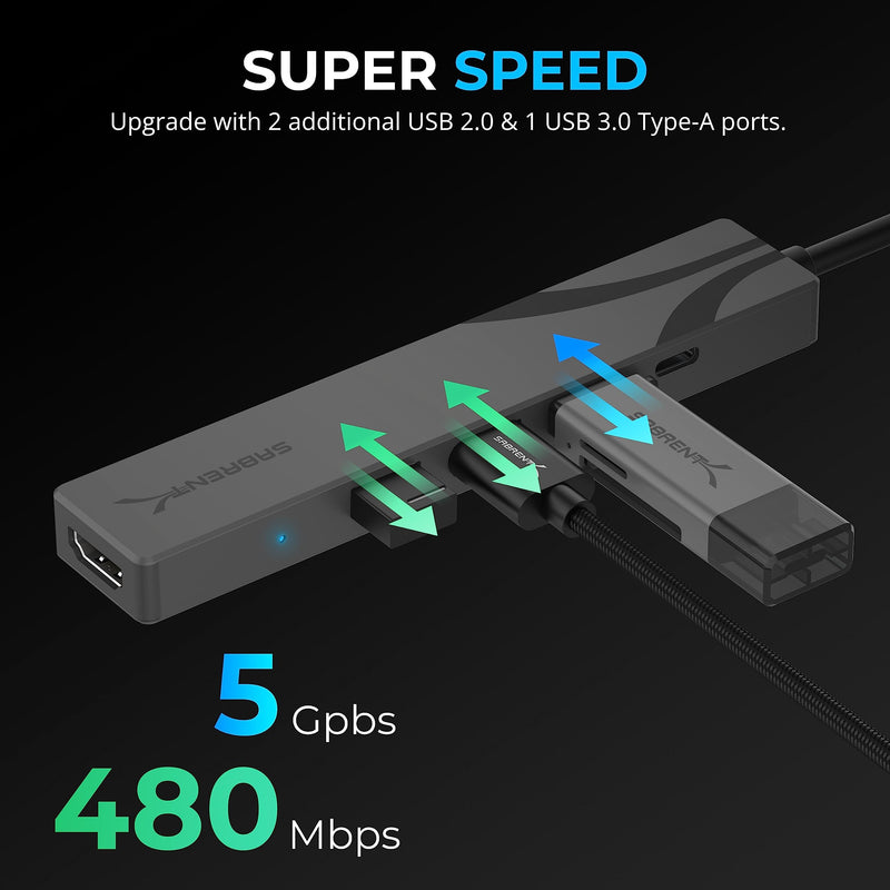 SABRENT Multi-Port USB-C Hub with Power Delivery, HDMI Out, 3 USB A Ports, 4K@60Hz, 90W PD, Aluminum [HB-SHPU] USB-C 5-Port Hub