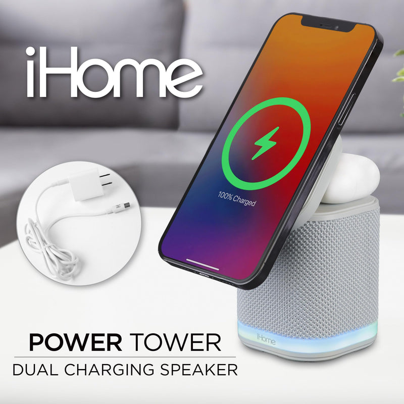 iHome Bluetooth Speaker with Wireless Charger, Charging Station with Color Changing Night Light - Gray (iPBT50G)