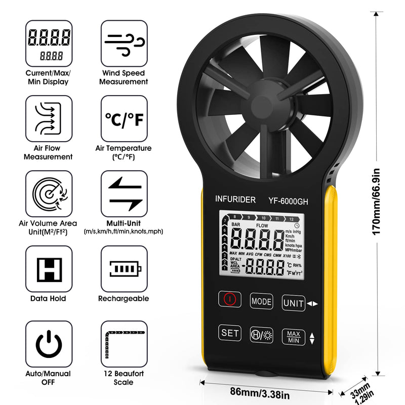 Rechargeable anemometer, wind measuring device, INFURIDER YF-6000GH smart touch digital anemometer hand for measuring wind speed/temperature, wind speed meter gauge for outdoor HVAC airflow