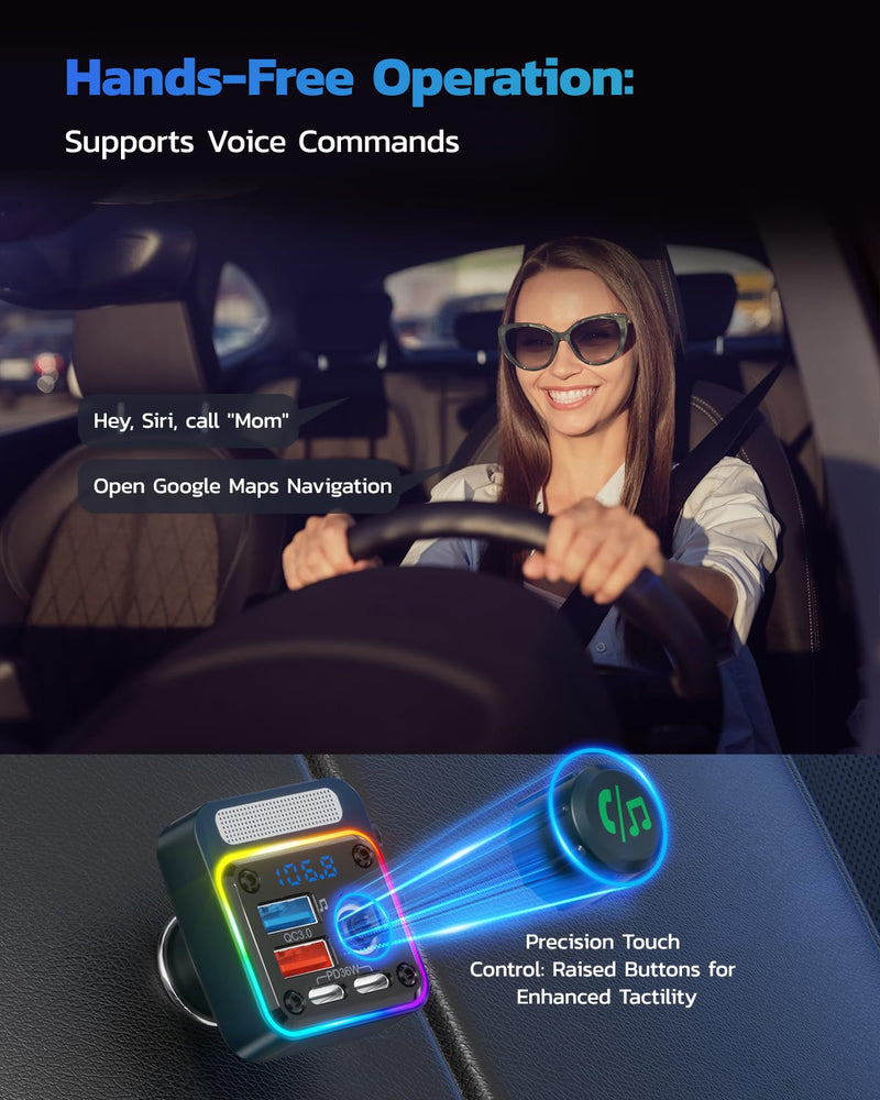 Nulaxy 54W Bluetooth 5.3 Car Adapter with 4 Charging Ports [PD 36W & QC3.0 18W], Wireless Radio FM Transmitter with Deep Bass Player & 5 Colors LED Backlit, Hands-Free Calling - NX16 Blue D-Blue