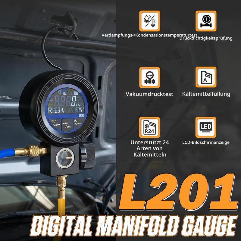Digital Air Conditioning Pressure Gauge, Pressure Vacuum and Leaks | Refrigerant filling, compatible with 24 refrigerant types R32 R1234yf R134a, ±0.5% FS accuracy, digital vacuum gauge