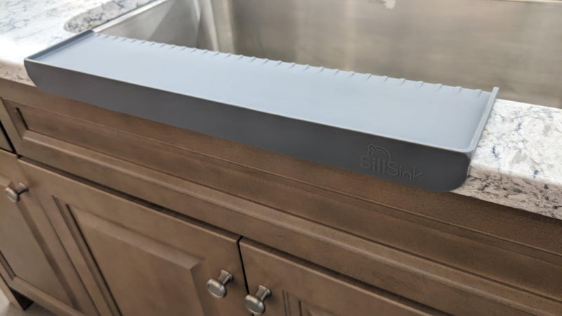 SiliProducts SiliSink XL Silicone Edge Guard for Kitchen Sink - Fits 3.75” - 4” Wide - The Original Silicone Sink Edge Protector with Sponge Caddy - Splash Guard, 20” Gray 4in x 20in