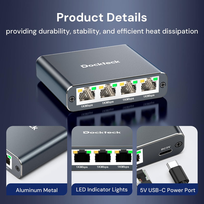 Ethernet Splitter 1 to 4 1000Mbps, Dockteck Internet Cable Splitter 1 in 4 Out High Speed Switch Network Gigabit for LAN RJ45 Port Router Switch Work with Cat5/5e/6/7/8 Cable (Silver Grey) Ethernet Splitter 1 to 4-Grey