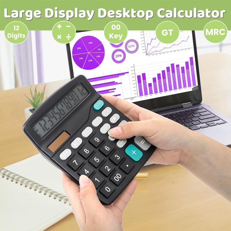 8 Pack Desktop Calculator 12 Digit, Solar Battery Basic Calculators, Dual Power Electronic Calculators with Large LCD Display, Sensitive Button Handheld Calculator for Office Home School, Black