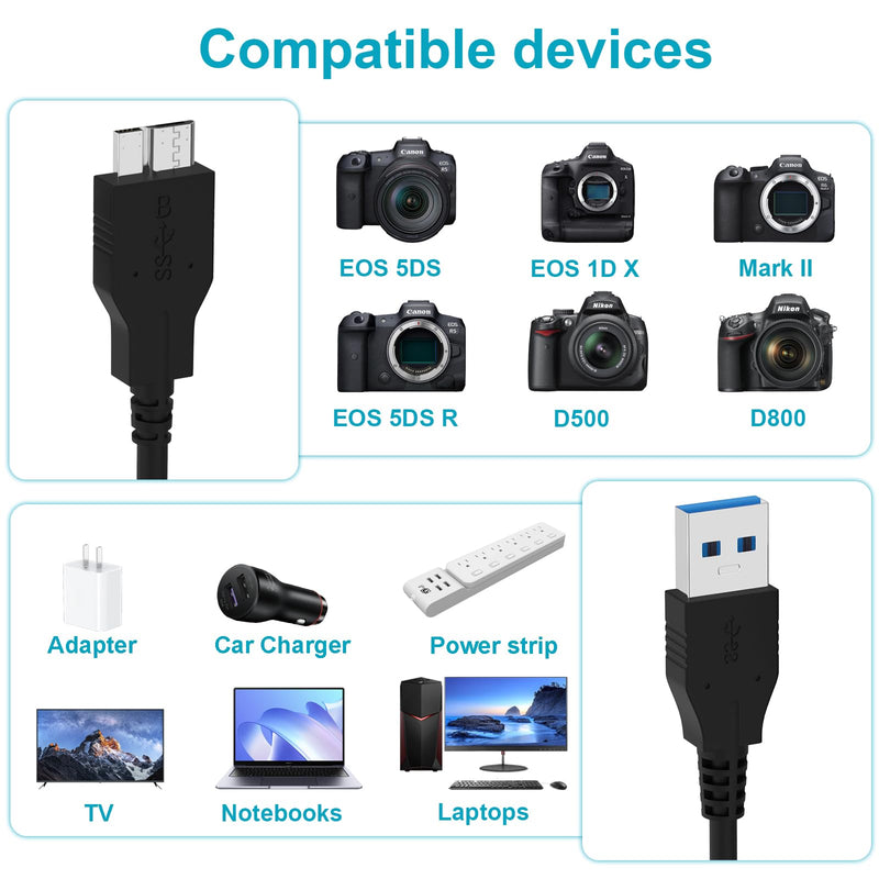UC-E22 USB Cable Compatible with Nikon D800, D800E, D810, D810A, D850, D500, D5, Canon EOS 5DS, 5DSR, 5D Mark IV, 7D Mark II, FujiFilm GFX50S, X-T2, USB 3.0 A to Micro B Cord