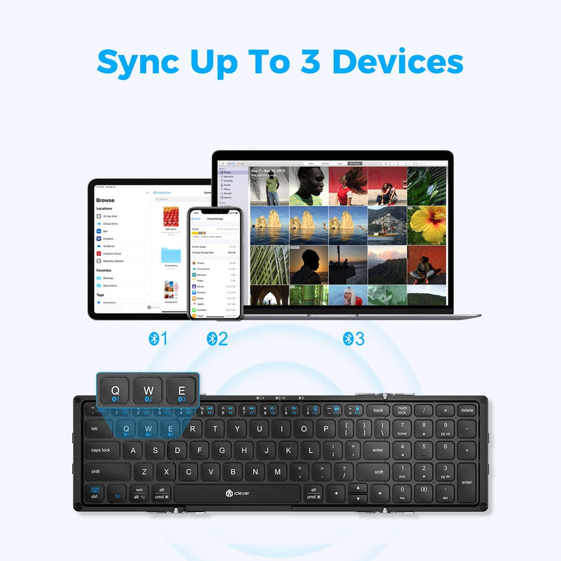 iClever Foldable Keyboard with Number Pad, BK09 Wireless Portable Keyboard for Travel and Business Trip, USB-C Charging Compact Keyboard for iPad, iPhone Mac Android Windows iOS, Sync up to 3 Devices