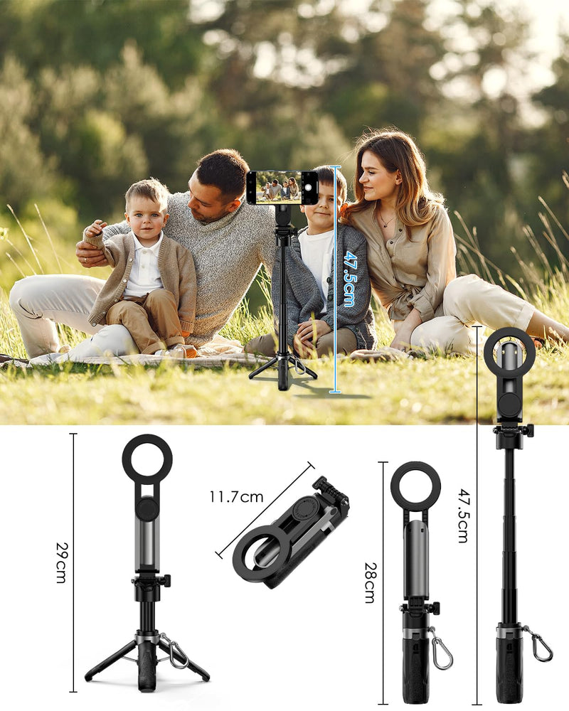 CloudValley Magnetic 4-in-1 Multifunctional Selfie Stick Tripod, Mini Portable Pocket Phone Stand with Detachable Remote, Compatible with MagSafe, for iPhone/Android, Travel Vlog, Live Stream, Black