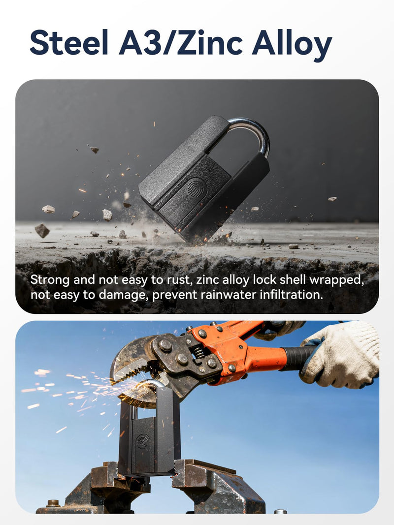 NexusLab Heavy Duty Smart Padlock with Key-Fingerprint & App, Rechargeable, 1-Year Standby(500mAh), IP67 Waterproof, 50 Fingerprints,Ideal for Fence, Locker, Shed, Pool, Gate & Warehouse Security