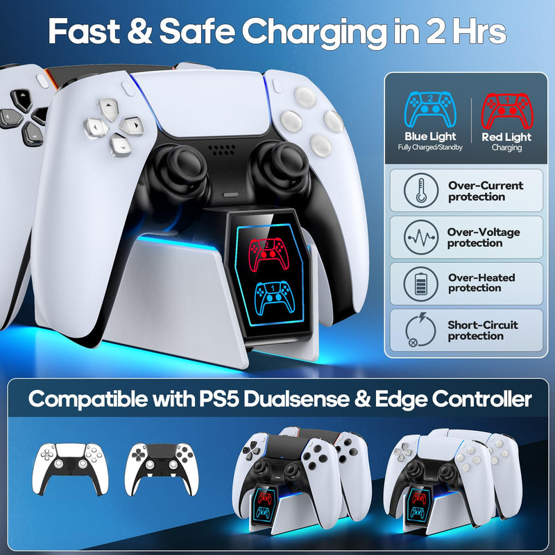 PS5 Controller Charger Station Compatible with PlayStation 5 Faceplates Edge & Dual Controller, PS5 Accessories Charging Station, PS5 Charging Dock Stand with LED Indicators & Charging Cable White