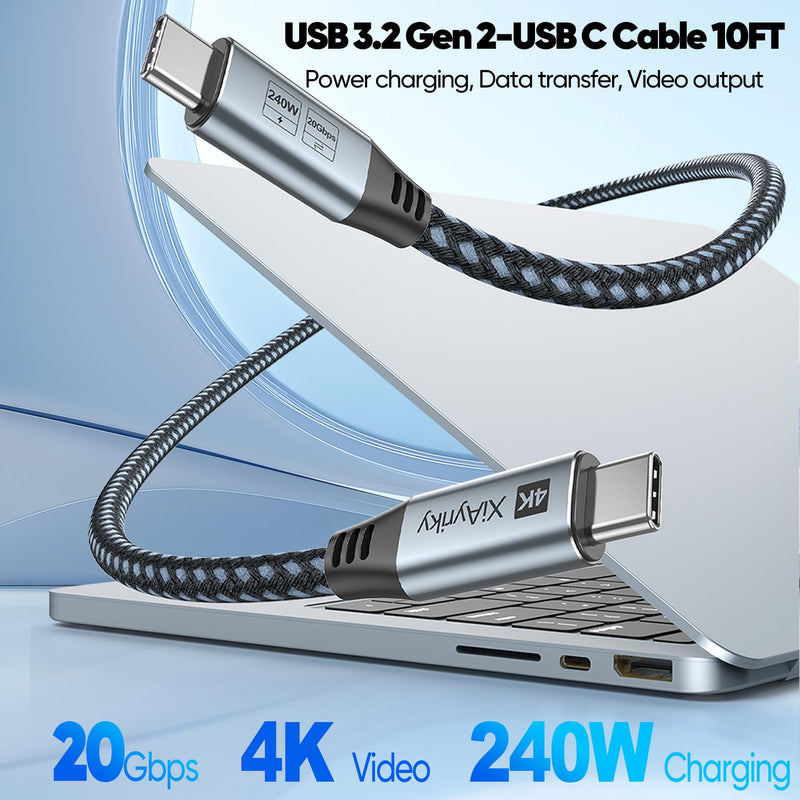 USB C to USB C Cable 10FT Long,Type-C Video Data Charging Cable (4K@144Hz, 20Gbps, 240W), USB 3.2 Gen 2 (Thunderbolt 3/4/5 Compatible) for Laptop,Phone, Monitor, Tablets, Docking, SSD,Camera Grey 1